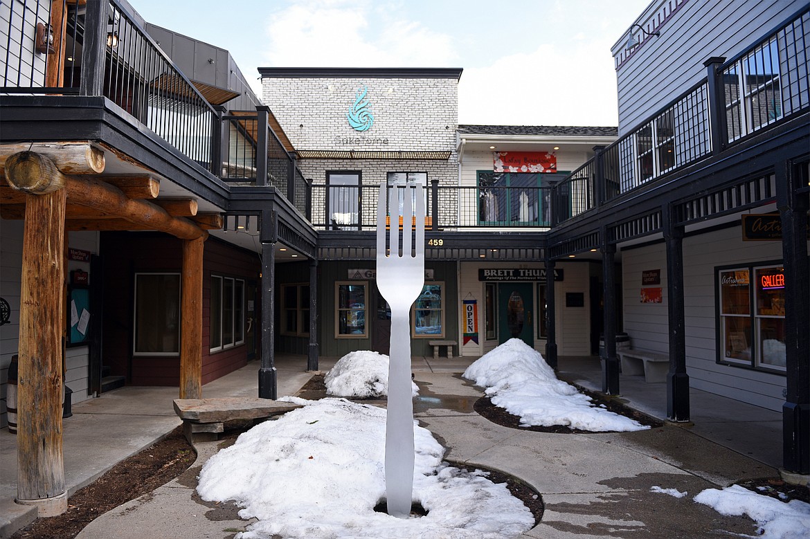 The fork sculpture in downtown Bigfork on Tuesday, March 20. (Casey Kreider/Daily Inter Lake)