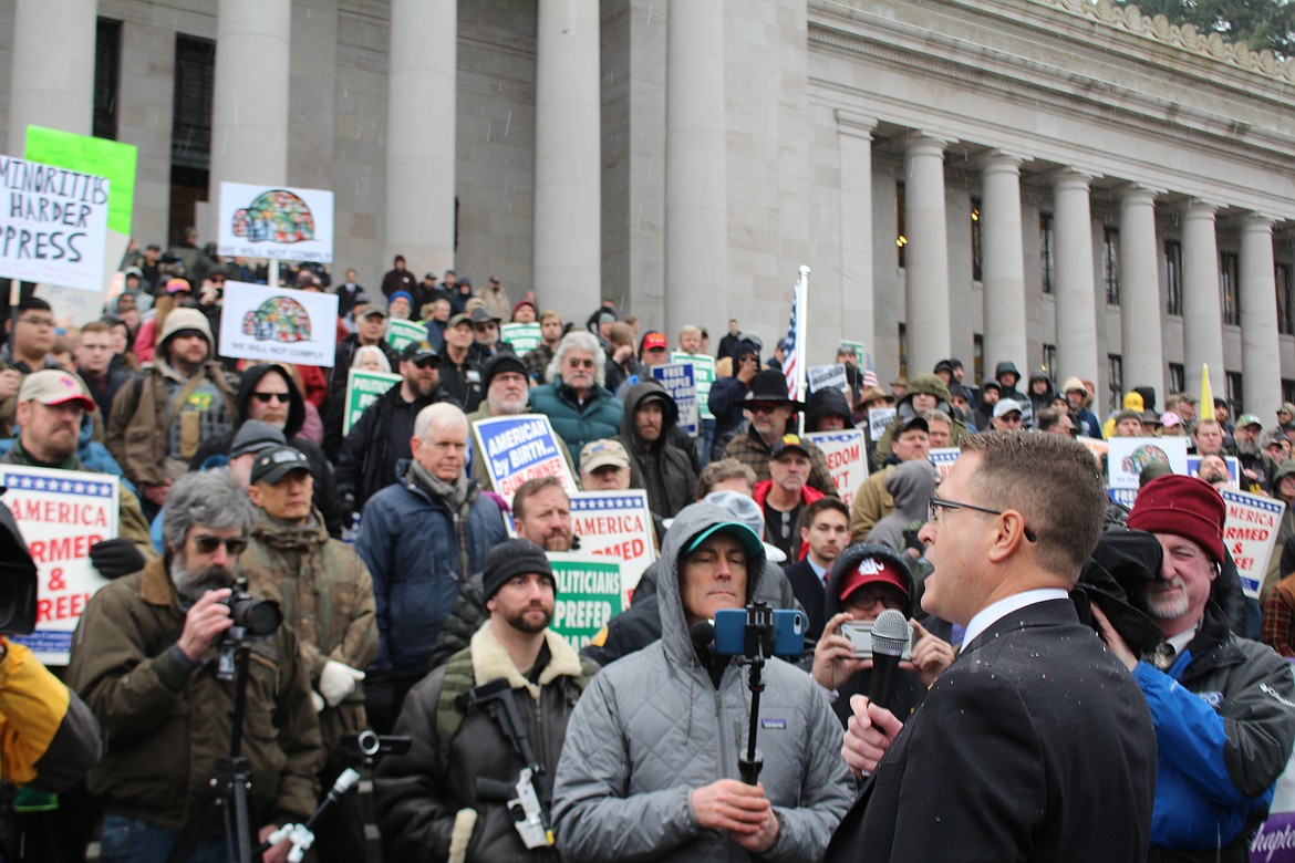 Cameron Sheppard/WNPA News Service 
 Embattled Rep. Matt Shea, R-Spokane Valley, addresses a crowd of gun rights supporters Jan. 17 at the state Capitol, promising his unwavering commitment to defend the Second Amendment.