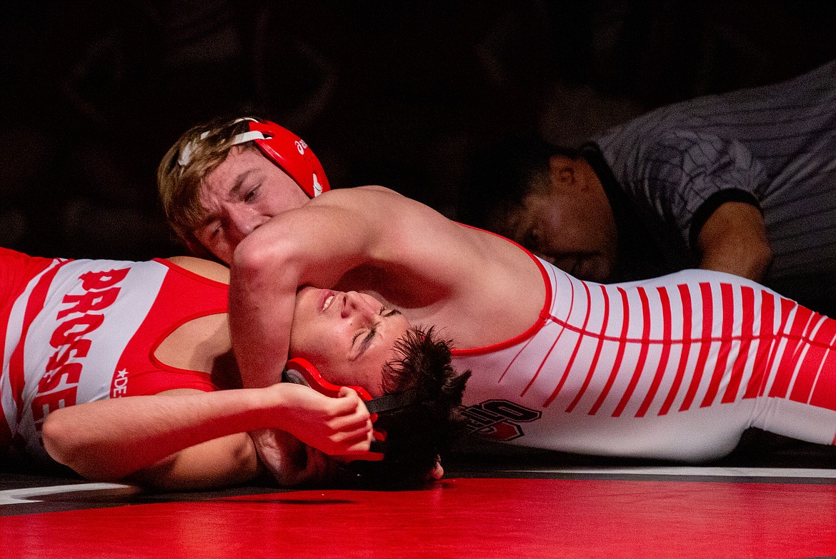 Casey McCarthy/Columbia Basin Herald Othello senior Liddel Giles picks up the first-round pin in the final bout of the Huskies’ dual with Prosser on Senior Night Thursday.