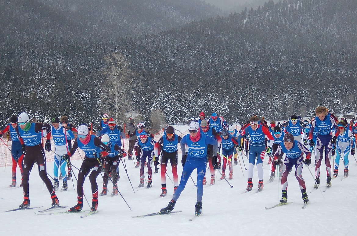 Whitefish’s Ruedi Steiner and Jacob Henson, right, and Nate Ingelfinger, middle, in the mass start in Jackson, Wyoming, earlier this month. (Photo courtesy Rebecca Konieczny)