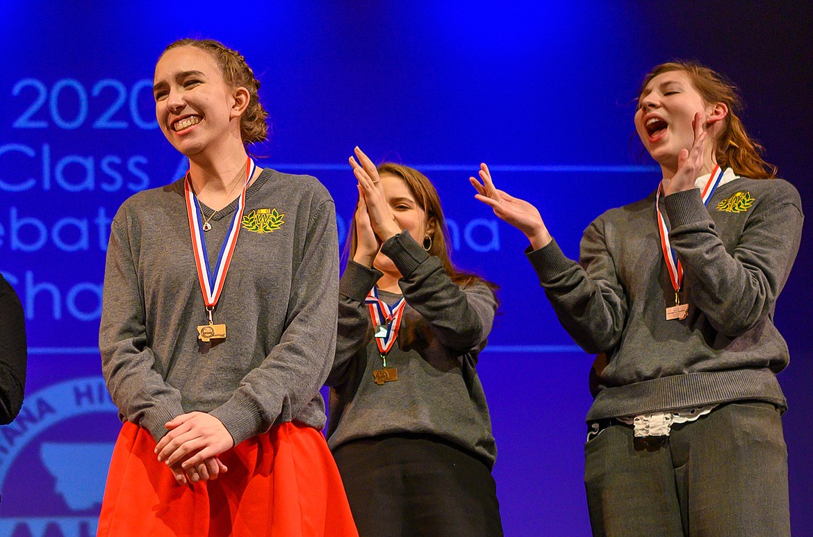 Competitors from Whitefish’s speech and debate team swept the informative speaking event at the Class A state speech meet Saturday at Whitefish. Bethany Barnes, left, earned the championship, runner-up was Gabby Pickert, middle, and third place went to Eden Scrafford, right. (Chris Peterson/Hungry Horse News)
