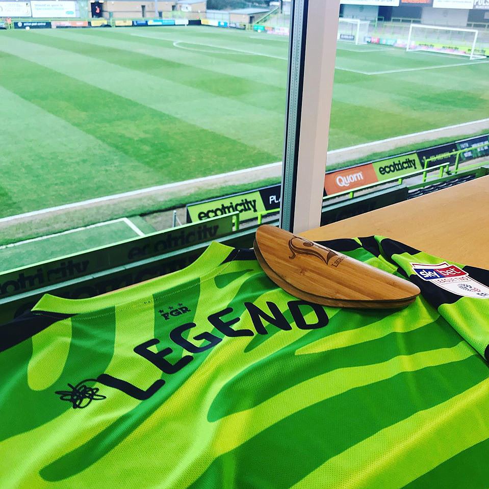 Legend shin guards and apparel on display at The Forest Green Rovers’ stadium in England.