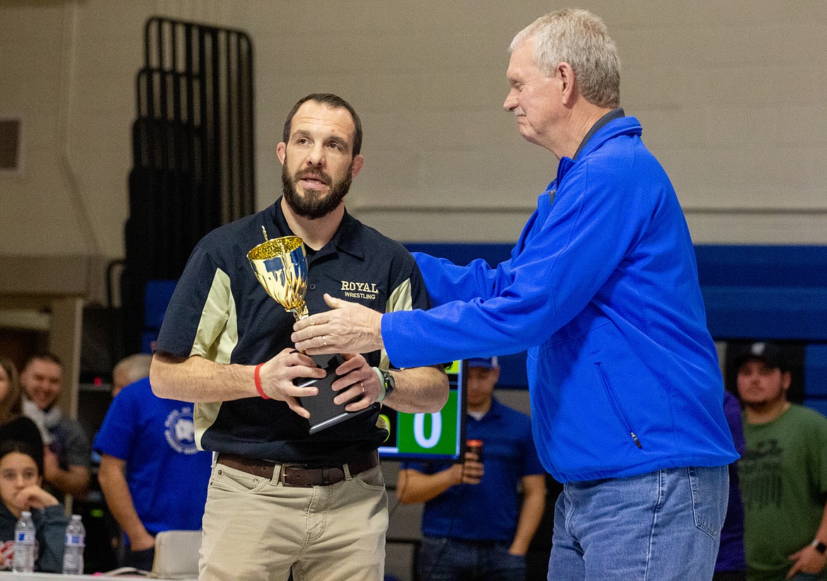 Casey McCarthy/Columbia Basin Herald Royal boys wrestling head coach, Ben Orth, was named SCAC East Coach of the Year before the championship rounds of the district tournament at Warden High School on Saturday.