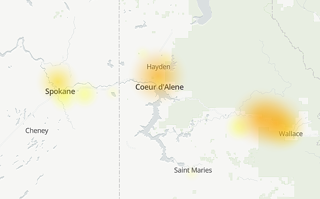 Orange and yellow areas indicate Suddenlink internet outages across the region Monday afternoon.
