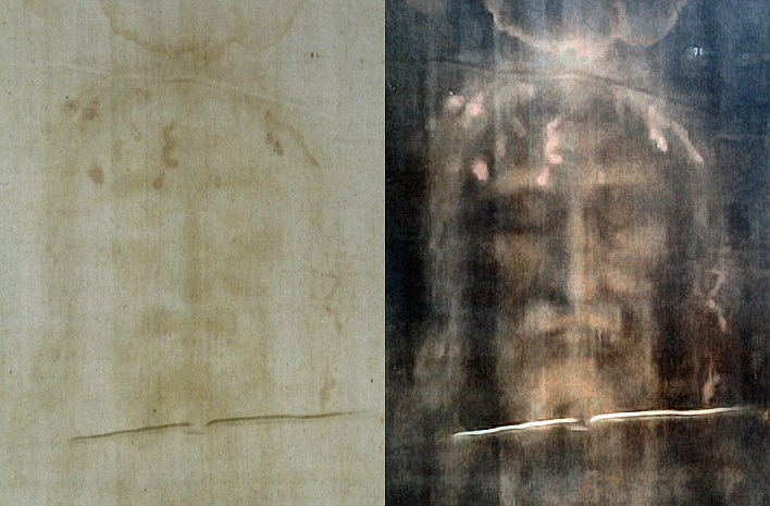 Dianelos Georgoudis/Creative Commons 
 The image of the face on the Shroud, left, and a digitally-enhanced copy at right.