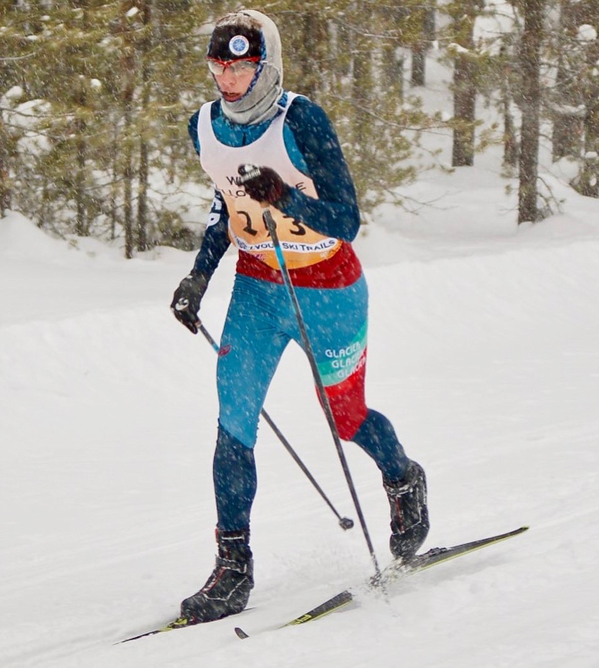 Glacier Nordic Ski Team athlete Winslow Nichols races last weekend in West Yellowstone. (Photo courtesy GNST)