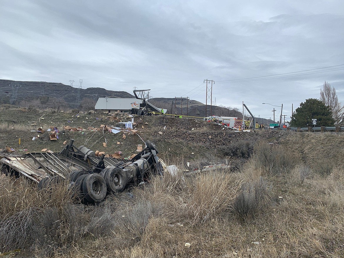 Courtesy photo Washington State Patrol 
 An unidentified man was injured when his truck ran off the road and hit a building in Grand Coulee Thursday.