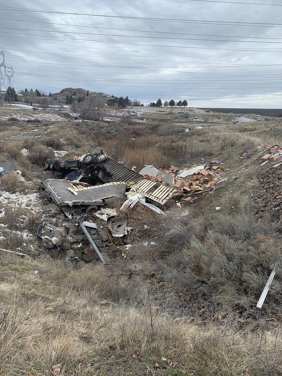 Courtesy photo Washington State Patrol. 
 An unidentified man was injured when his truck ran off the road and hit a building in Grand Coulee Thursday.