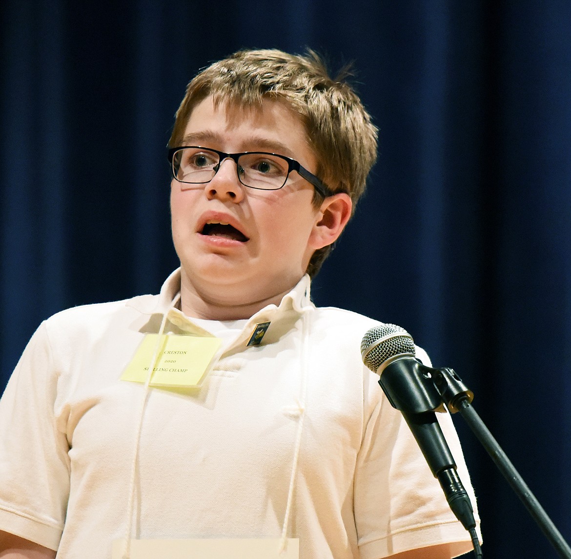 Alucard Armes, from Creston Elementary School, reacts after hearing his word “caravan” during the 2020 Flathead County Spelling Bee at Glacier High School on Thursday. (Casey Kreider/Daily Inter Lake)