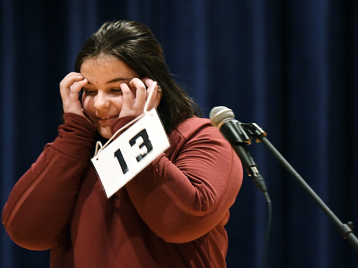 Madisen Eaton, from Glacier Gateway Elementary School, reacts after incorrectly spelling “porridge” at the 2020 Flathead County Spelling Bee.