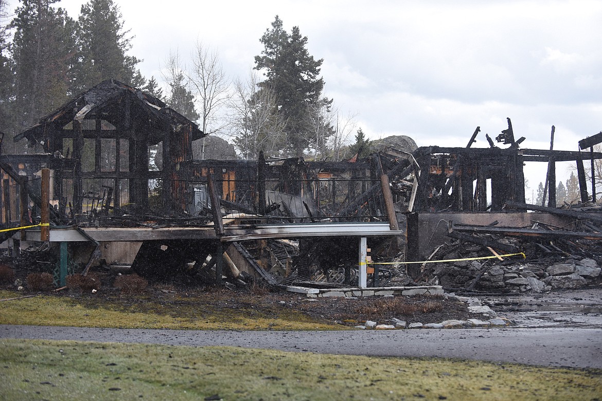 Mostly charred remains are all that was left after a fire destroyed the Eagle Bend Golf Club in Bigfork early Sunday morning on Feb. 16, 2020. (Scott Shindledecker/Daily Inter Lake)
