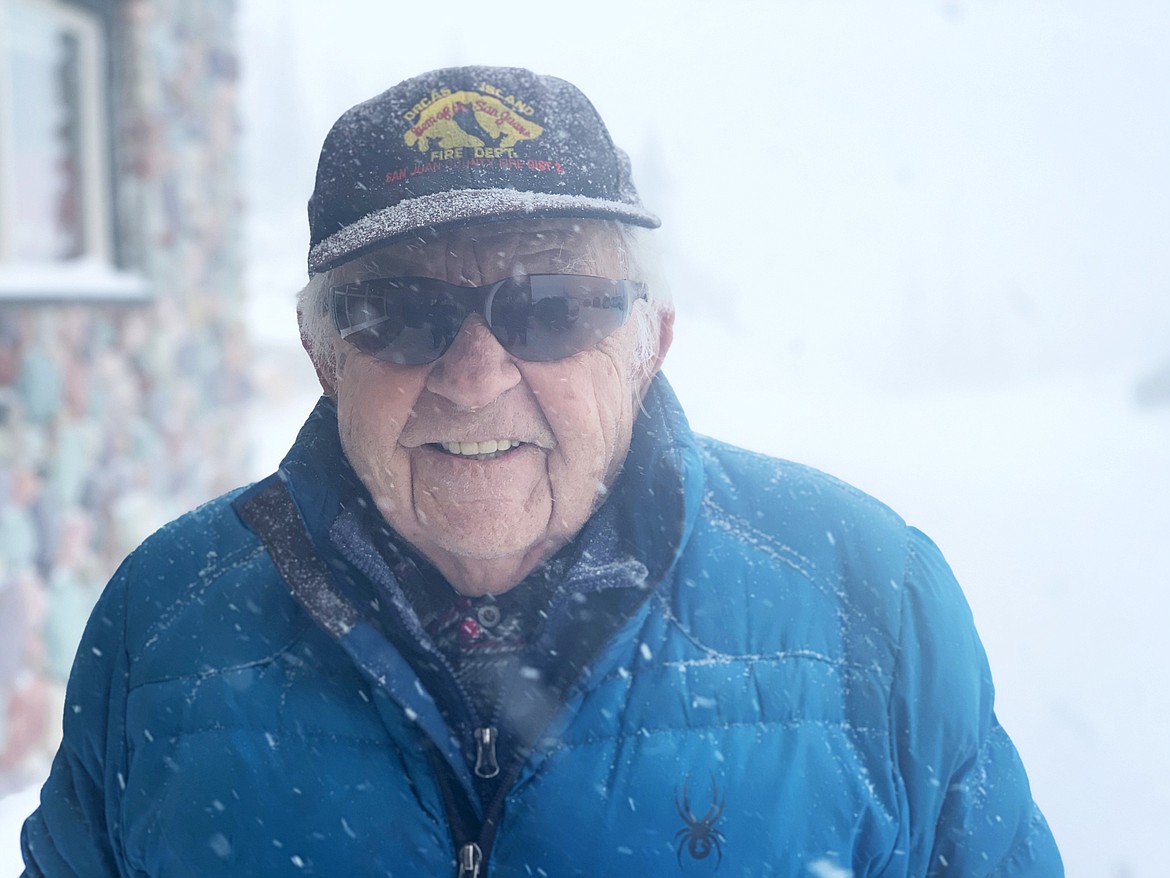 Lajos Máté, 91, of Lakeside, poses for a photo during a snowy afternoon on Blacktail Mountain. Lajos, who is originally from Hungary and skied on the Hungarian Olympic team, tries to ski as often as possible.