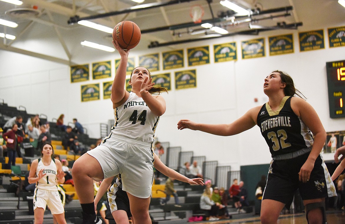 Hope Brown puts up a layup in Friday’s home win over Stevensville. (Daniel McKay/Whitefish Pilot)