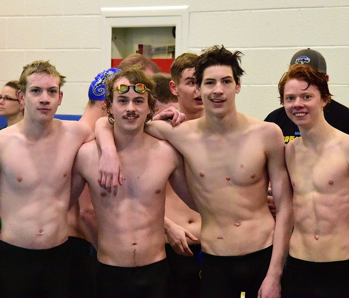 The Whitefish Bulldog boys 400 free relay team of Nick Starring, Preston Ring, Logan Botner and Kelvin Dicks won the state championship at the All-Class State Tournament in Great Falls. (Photo courtesy Corey Botner)