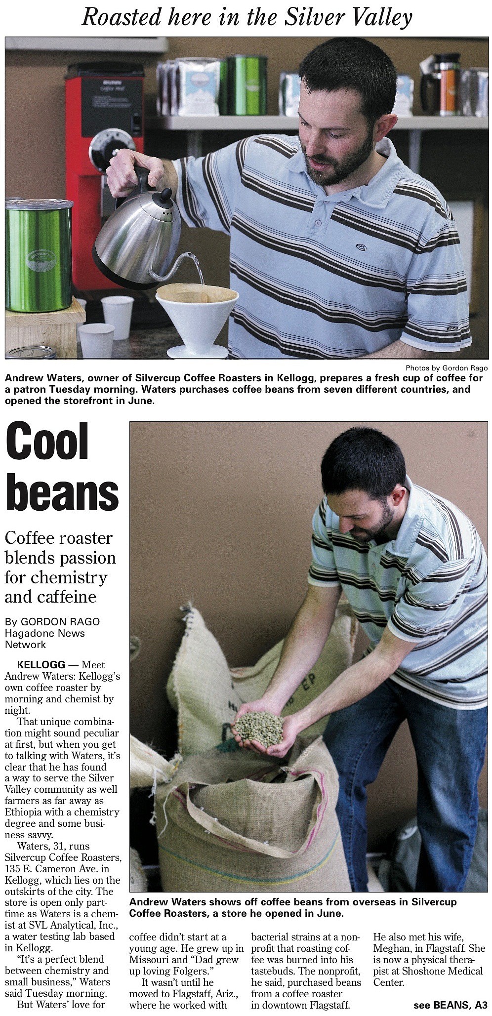 SilverCup Roasters front-page story in the March 26, 2014, edition of the Shoshone News-Press, announcing their grand opening.