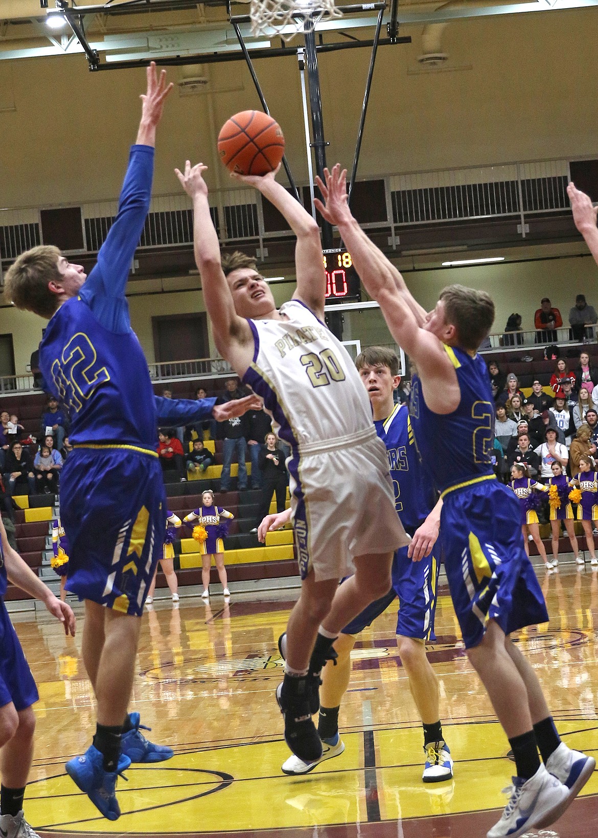 Pirate freshman Jarrett Wilson helped the Pirates overcome a nine point deficit against Libby with less than two minutes remaining in the fourth quarter at the Joe McDonald Center in Pablo Saturday. (Bob Gunderson photo)