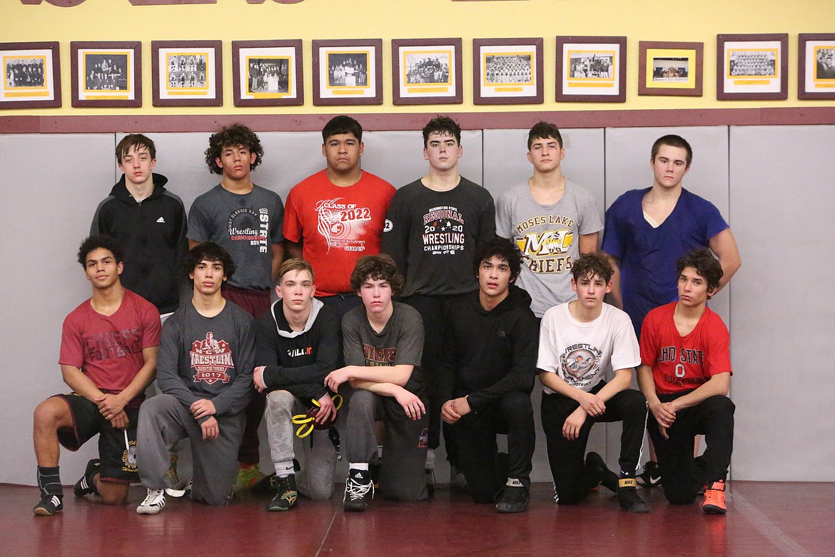 Connor Vanderweyst/Columbia Basin Herald 
 Moses Lake qualified 13 wrestlers for this year’s Mat Classic. Back row (from left to right): Camron Regan, Max Zamora, Saul Villa, Everett Ashley, Jayden A