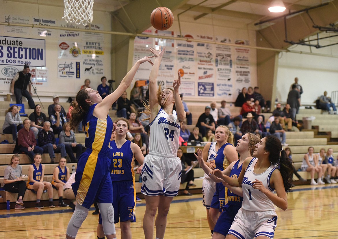 Mission’s Sydney Brander goes up for a jumper in the post against Thompson Falls last Thursday night. The Bulldogs lost 64-49. (Whitney England/Lake County Leader)
