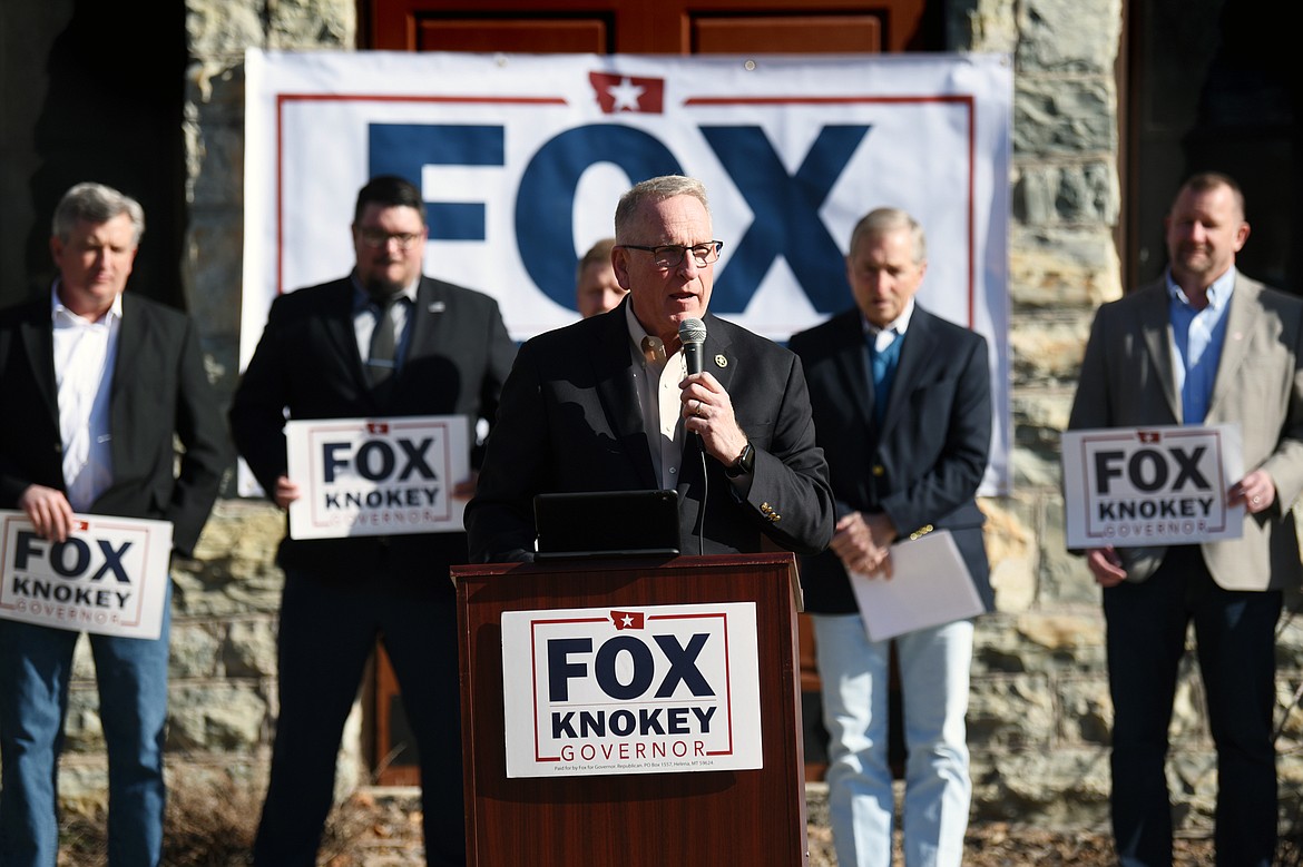 Republican candidate for governor Tim Fox speaks during a press conference to unveil his public safety policy plan at the Flathead County Courthouse in Kalispell on Thursday. (Casey Kreider/Daily Inter Lake)