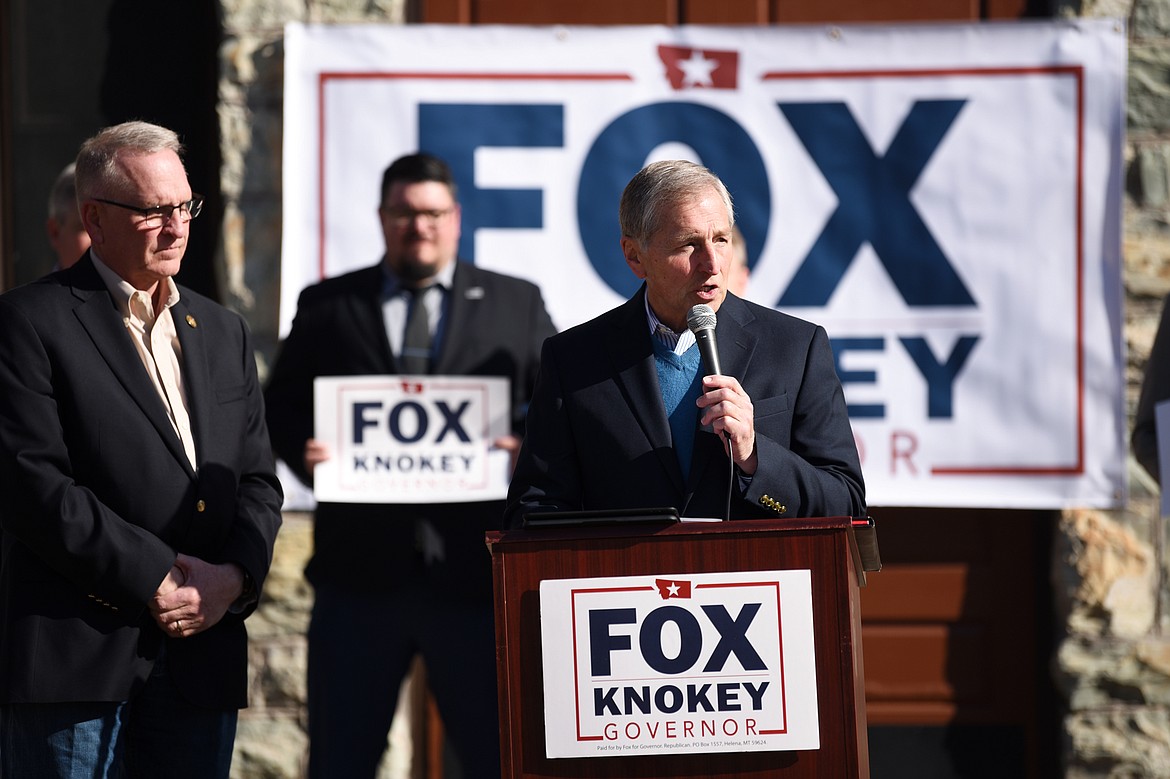 Former Montana governor Marc Racicot speaks during a press conference held by Republican gubernatorial candidate Tim Fox, left, at the Flathead County Courthouse in Kalispell on Thursday. (Casey Kreider/Daily Inter Lake)