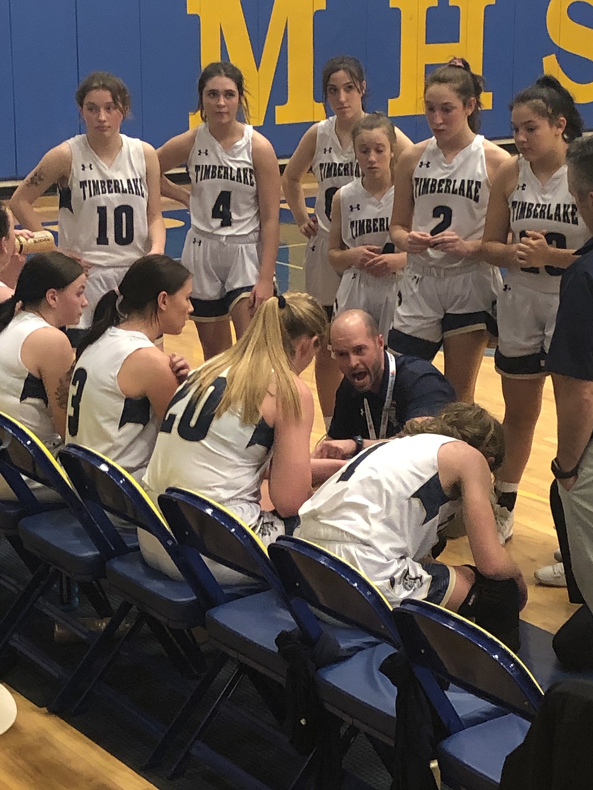 JASON ELLIOTT/Press 
 Timberlake High coach Matt Miller chats with his team during a first-half timeout vs. Sugar-Salem in the first round of the state 3A girls basketball tournament Thursday at Midd