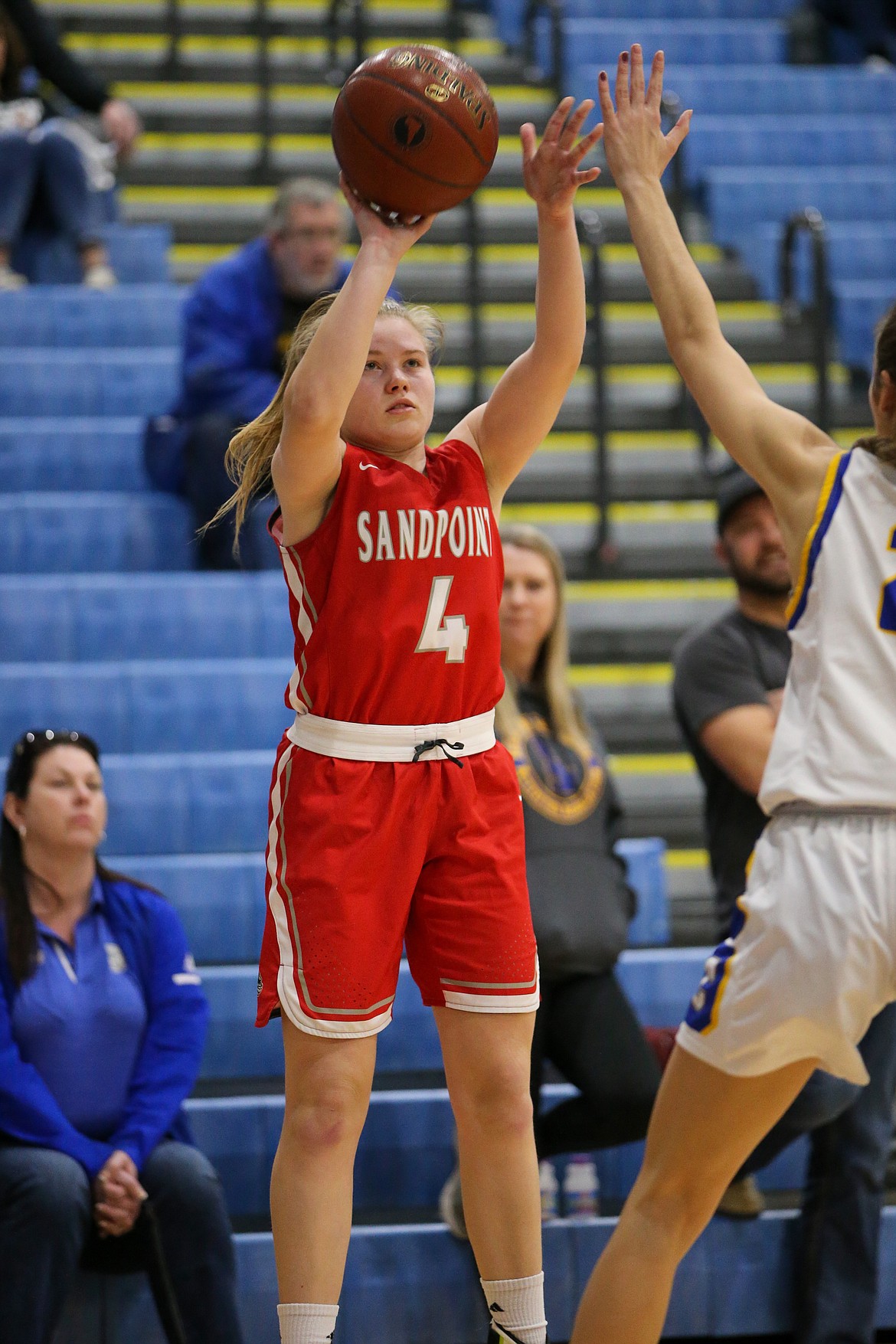 Photo by JASON DUCHOW PHOTOGRAPHY 
 Maddie Morgan of Sandpoint puts up a shot against Caldwell on Saturday during the state 4A girls third-place game at Timberline High in Boise.