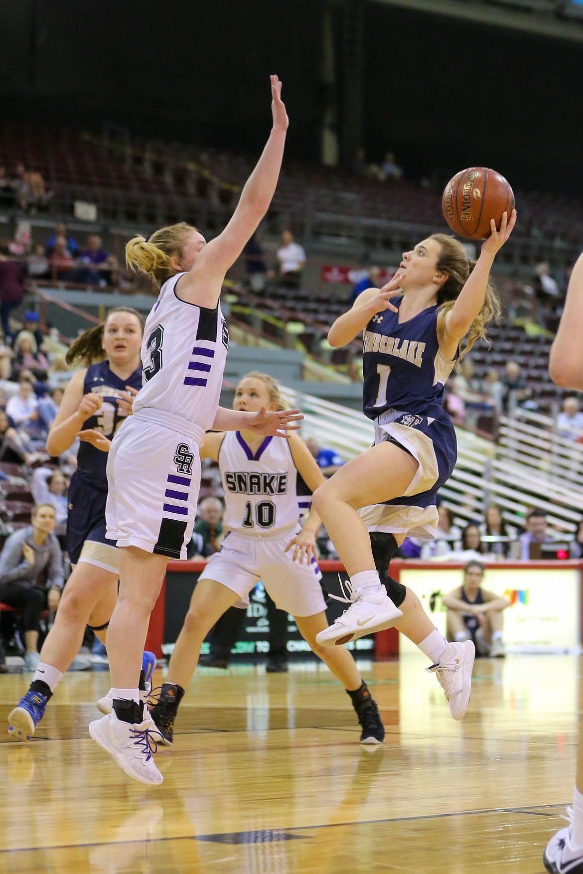 Photo by JASON DUCHOW PHOTOGRAPHY
Timberlake’s Taryn Soumas goes up for a shot against Snake River in the state 3A girls championship game Saturday at the Ford Idaho Center in Nampa.