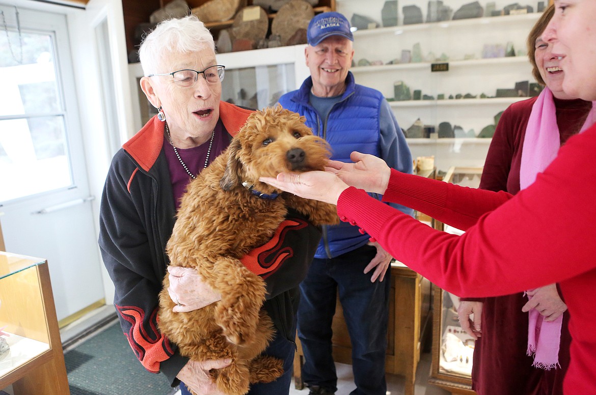 Longtime customer Joan Hodgeboom of Bigfork brings her pup in to visit with Kehoe’s Agate Shop staff on Valentine’s Day. Hodgeboom keeps coming back to Kehoe’s because “everybody is knowledgeable — you can ask them any questions you want,” she said.