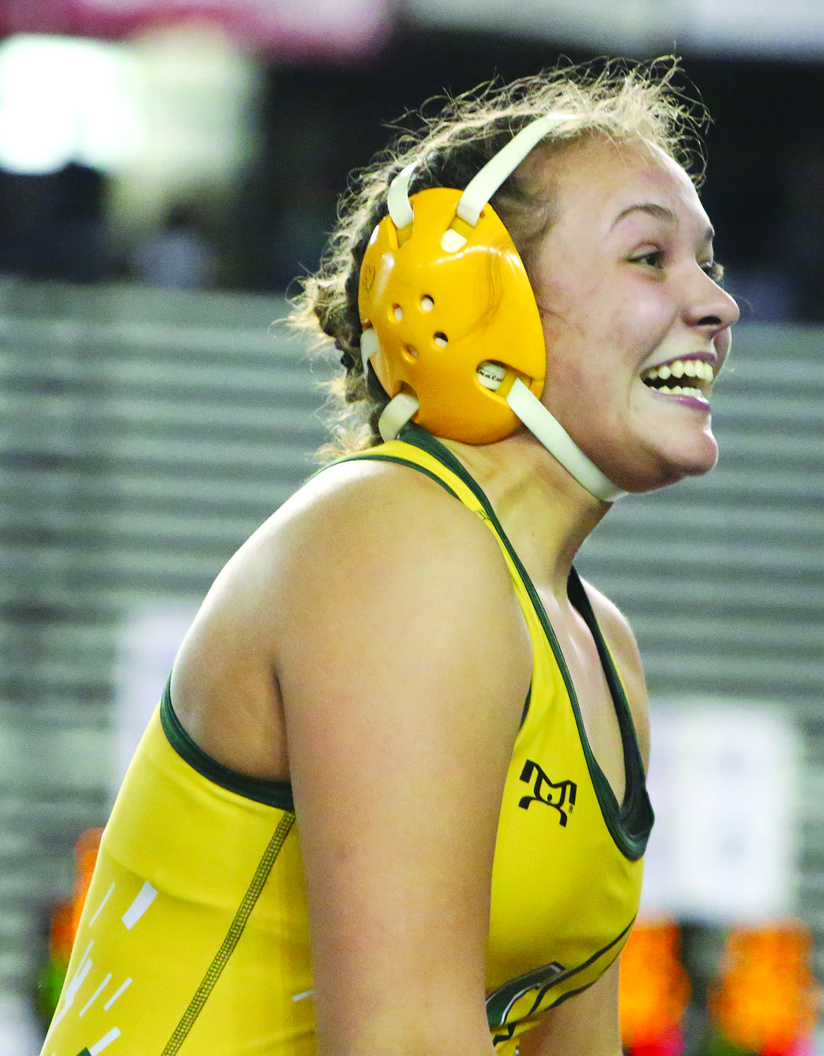 Connor Vanderweyst/Columbia Basin Herald 
 Quincy's Shannon Workinger grins after advancing to the 155-pound state finals.