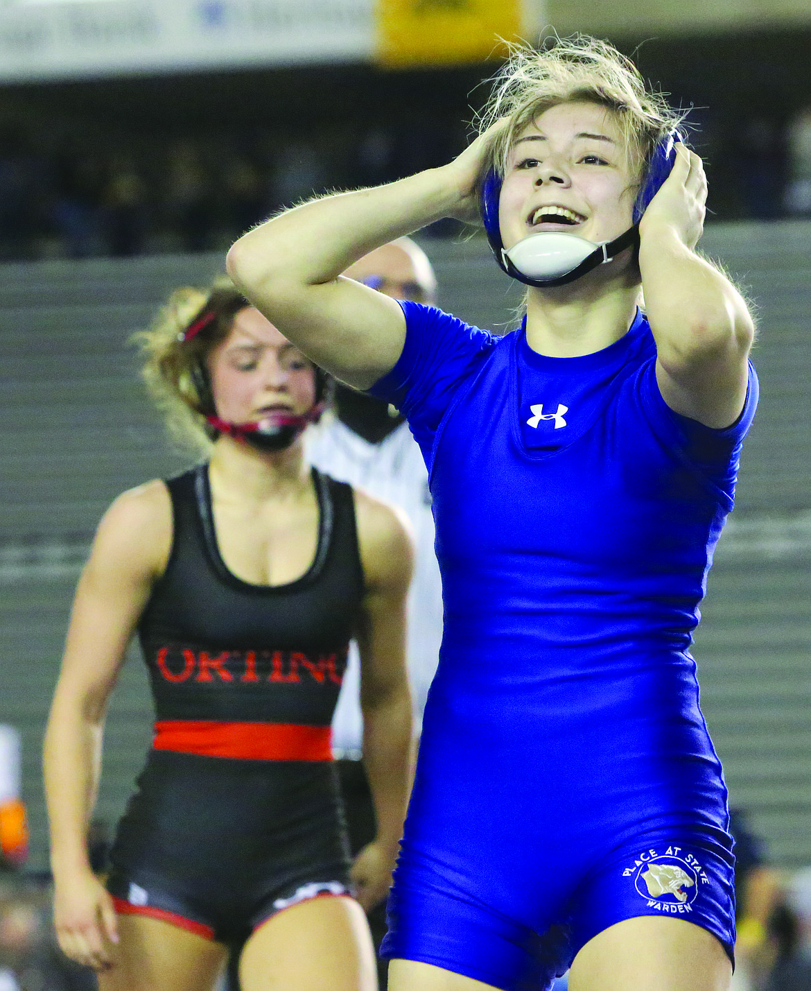 Connor Vanderweyst/Columbia Basin Herald 
 Warden senior Aaliyah Escamilla smiles after beating Orting's Ava Fritz in the 105-pound state semifinals.