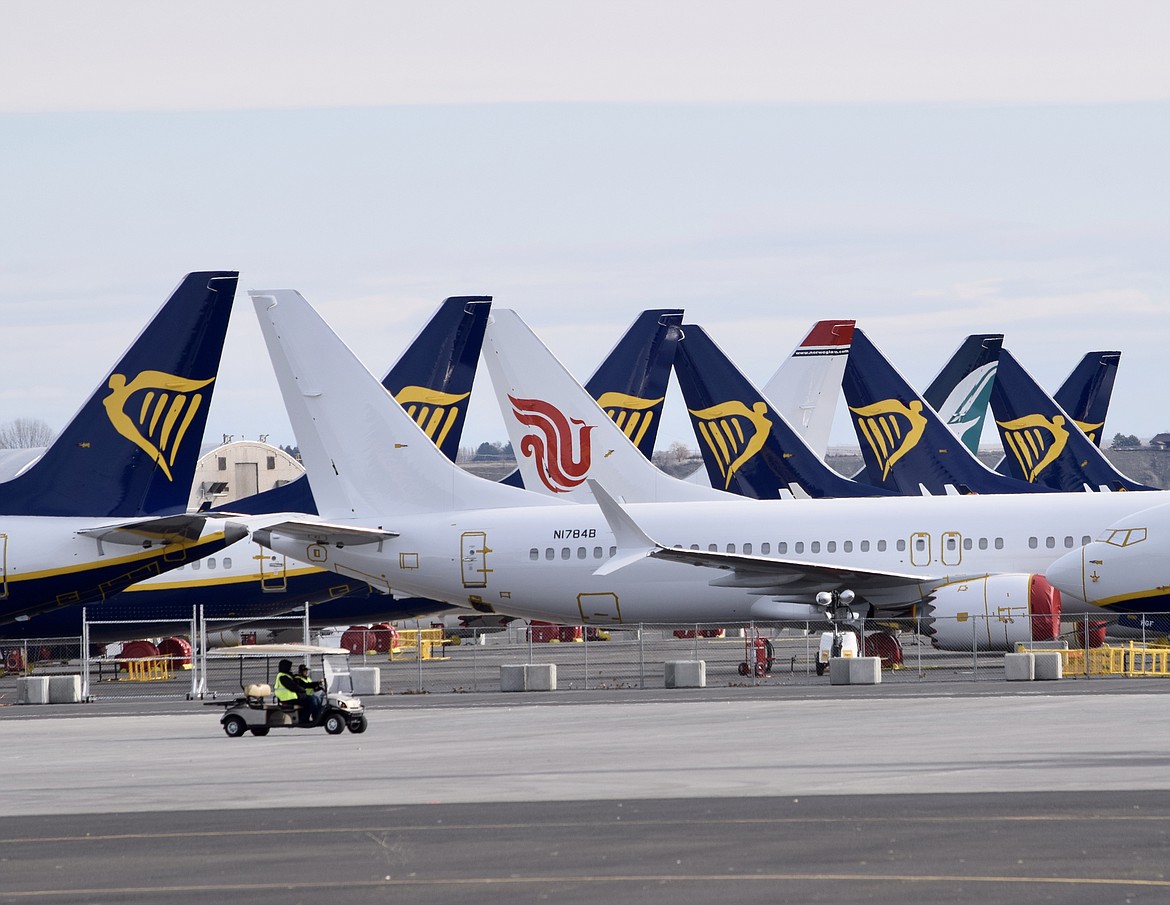 737 Max aircraft, mostly belonging to European budget airline RyanAir, parked at the Grant County International Airport in Moses Lake on Monday.