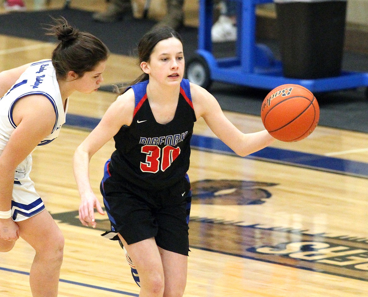 Callie Martinz brings the ball down court in fourth quarter vs. Mission. (Paul Sievers/The Western News)