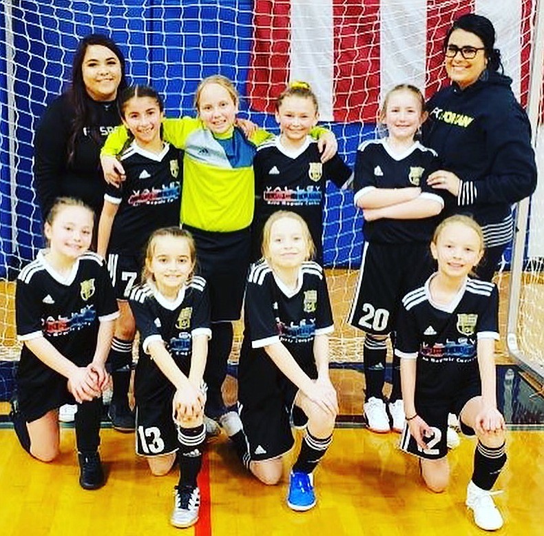 FC North Idaho girls 2010/2009 beat the Timbers-Thorns in Friday night’s futsal game at the HUB Sports Center in Liberty Lake. In the front row from left are Eva Berzoza, Lexi Barth, Ava Reichert and