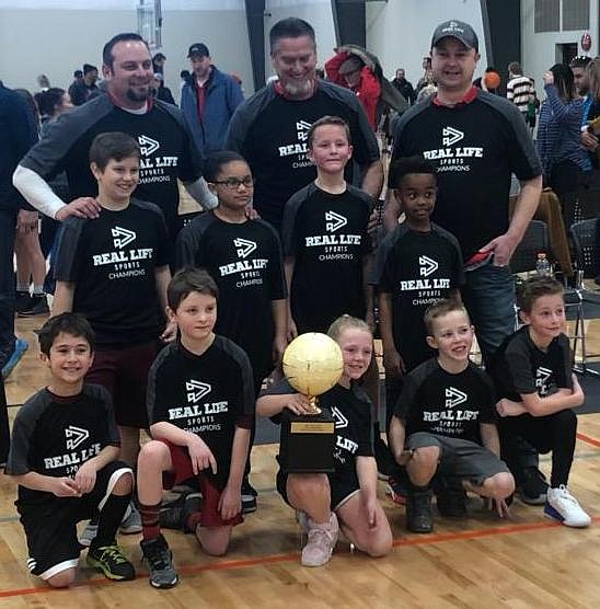 The Legends won the 3rd/4th-grade championship in the Real Life Ministries basketball league. In the front row from left are Mason Soltwisch, Eli Jones, Tessa Lovell, Logan Lovell and Madixx Barker; 