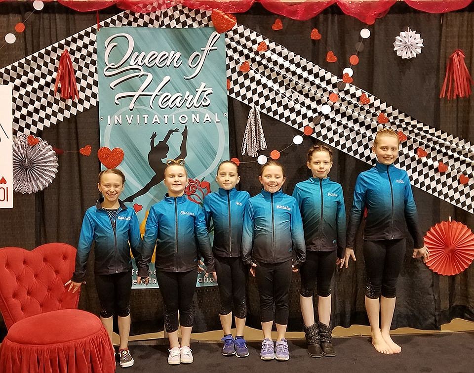 Courtesy photo 
 Technique Gymnastics Level 3s at the Queen of Hearts Invitational last weekend in Boise, from left,, Kendall Tryon, Shauna Clark, Taylynn Lee, Natalie Prince, Karlie Mosqueda and Hol