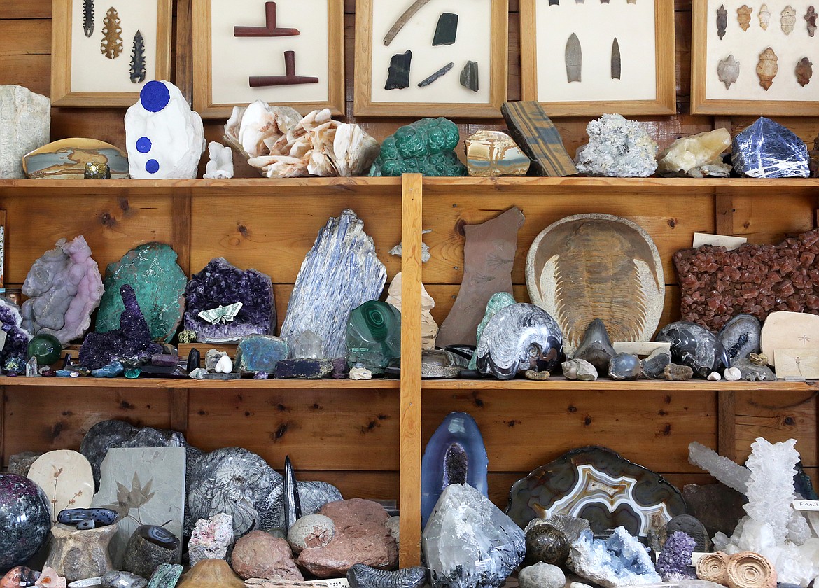 An expansive mineral collection decorates the walls of the first room at Kehoe’s Agate Shop. The collection was started by founder, Jack Kehoe. His daughter Leslie Kehoe continues adding “one nice mineral every year,” she said. (Mackenzie Reiss/Daily Inter Lake)