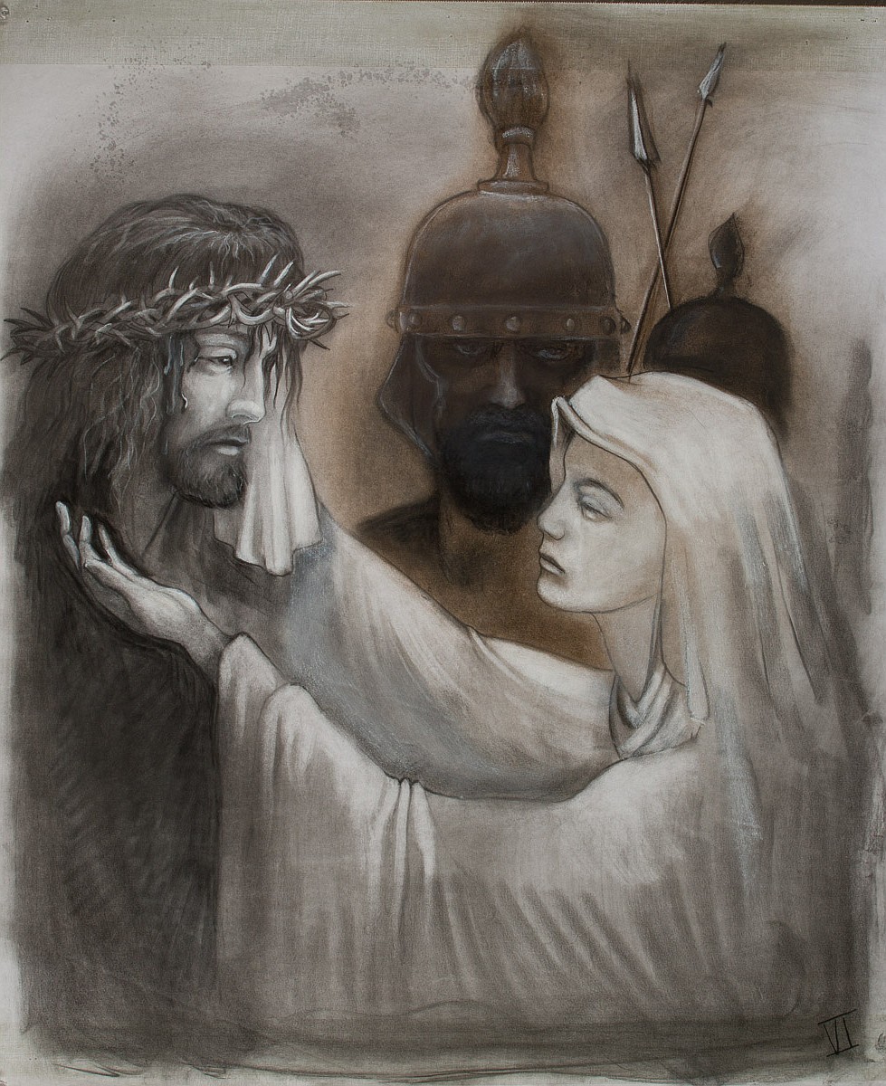 “Veronica Wipes the Face of Jesus” charcoal drawing, one of 17 in the late Marvin Messing’s exhibit “The Art of the Cross.”