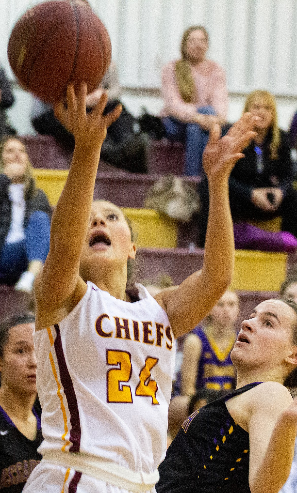 Senior Moses Lake guard Madisyn Clark drives to the hole for the score. Clark will continue her playing career at Western Oregon University next season.