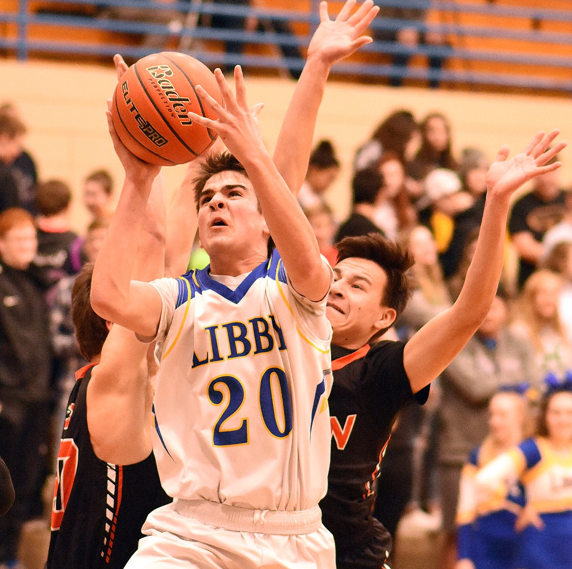 Libby’s Ryan Goodman goes up for a shot during a Feb. 24 home game against the Ronan Chiefs. (Duncan Adams/The Western News)