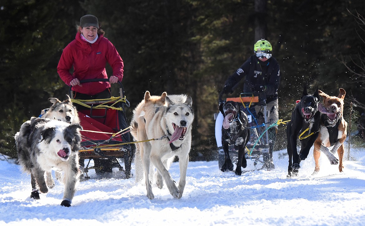 Mushers Jenny Howard and Mikki Douglass battle for position in the four-dog class of the Flathead Classic Saturday.
(Jeremy Weber/Daily Inter Lake)