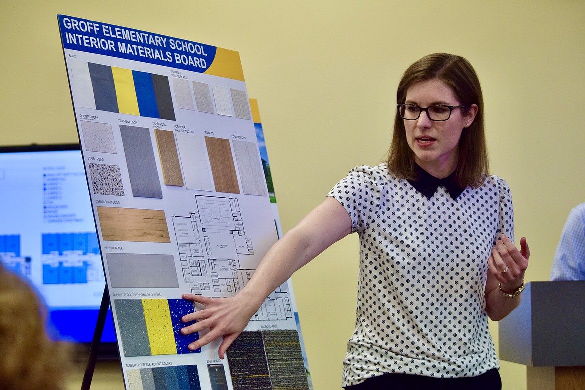 Charles H. Featherstone/Columbia Basin Herald 
 Design West architect Kristen Curtiss shows off the color scheme and some of the construction material that will be used to build the Moses Lake School