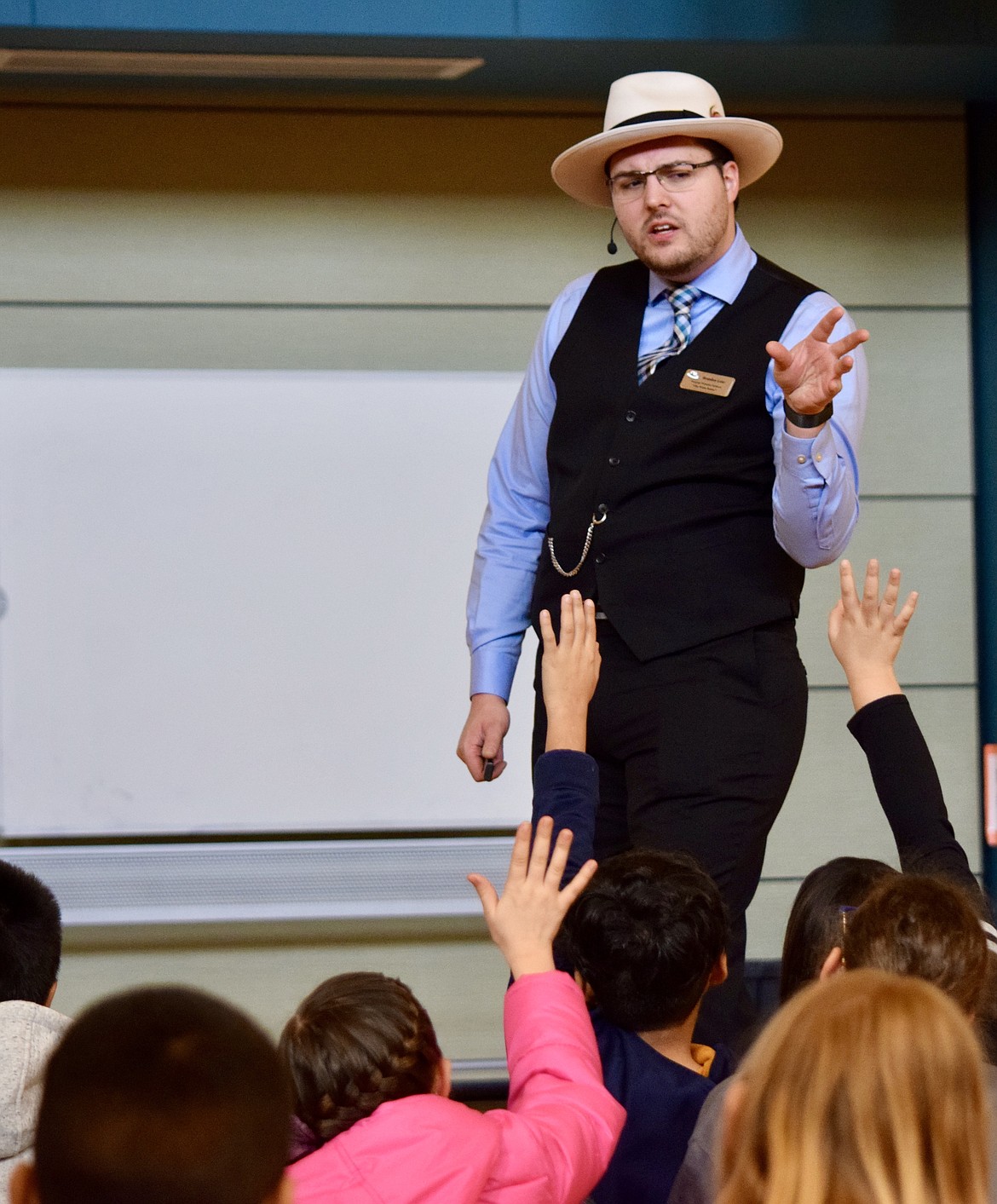Brandon Laur, a member of the British Columbia-based White Hatter team, talked to a group of Park Orchard fourth-graders on Friday about internet safety.