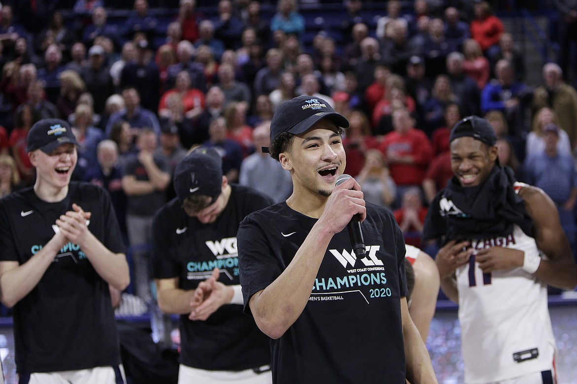 Gonzaga guard Ryan Woolridge speaks during senior night after Saturday’s win over Saint Mary’s in Spokane.