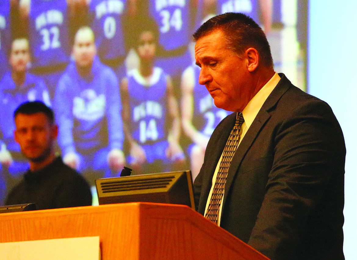 Connor Vanderweyst/Columbia Basin Herald 
 Athletic director Mark Poth speaks to the crowd at the third annual Big Bend Community College Hall of Fame banquet.