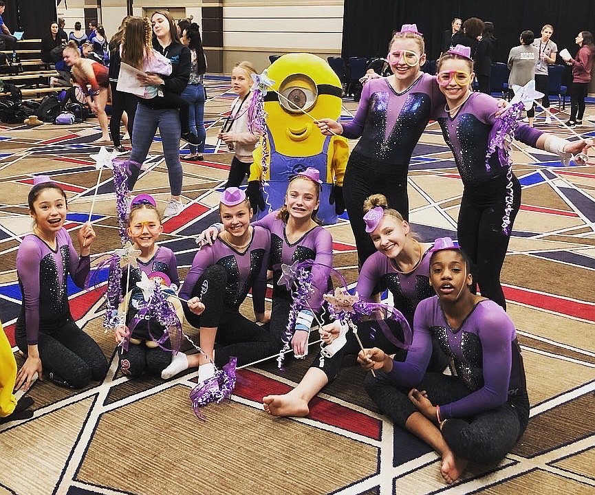 Avant Coeur Gymnastics Level 8 and 9s competing at Great West Gym Fest at The Coeur d’Alene Resort on Feb. 21. In the front row from left are Maiya Terry, Lavi Crain, Madalyn McCormick, Lily Call, Maddy Edwards and CC Bullock; and back row from left, Sam Snow and Danica McCormick.