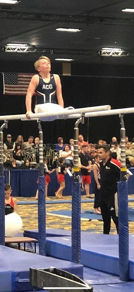 Courtesy photo 
 Avant Coeur Gymnastics Level 5 Decker St. John on the parallel bars at the Black Jack meet in Las Vegas.