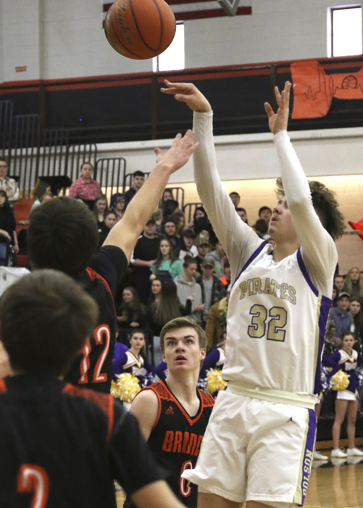 Polson Pirate Colton Graham nails a 3-pointer against Frenchtown in the opening game of the Western A Tournament in Ronan Thursday morning. (Bob Gunderson photo)