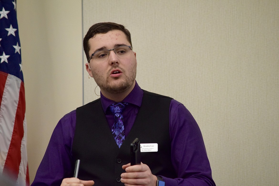 Charles H. Featherstone/Columbia Basin Herald 
 White Hatter Team member Brandon Laur discusses keeping kids safe online at the Columbia Basin Technical Skills Center last week.
