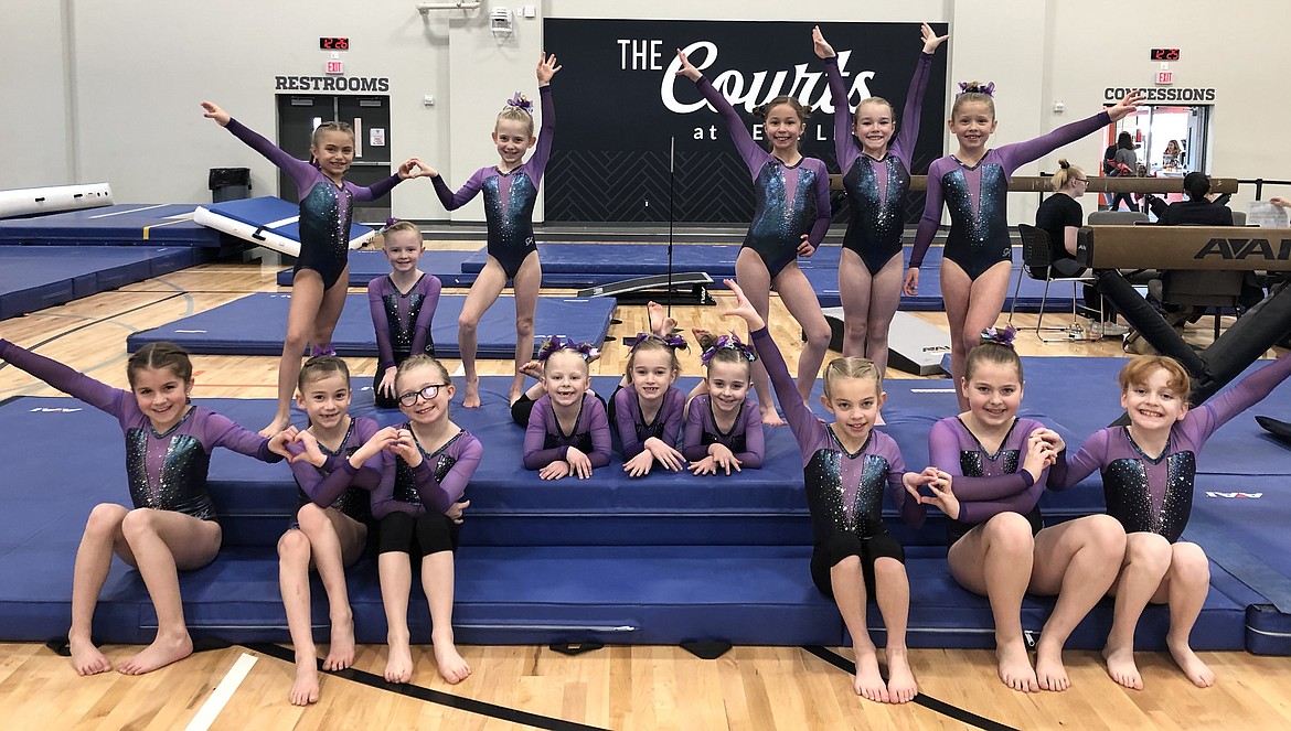 Avant Coeur Gymnastics Level 2s and 3s at the Snow Globe Classic in Post Falls on Feb. 29. The Level 2s took 2nd Place Team and the Level 3s took 3rd Place Team. In the front row from left are Lexie Gersdorf, Lucky Call, Jadyn Jell, Evelyn Haycraft, CC Miller and Sophie Phillips; second row from left, Kaylee Flodin, Addison Evans and Sydney Traub; and back row from left, Karly Harmon, Olivia Hynes, Mila Behunin, Julianna Bonacci, Quinn Howard and Summer Nelson.