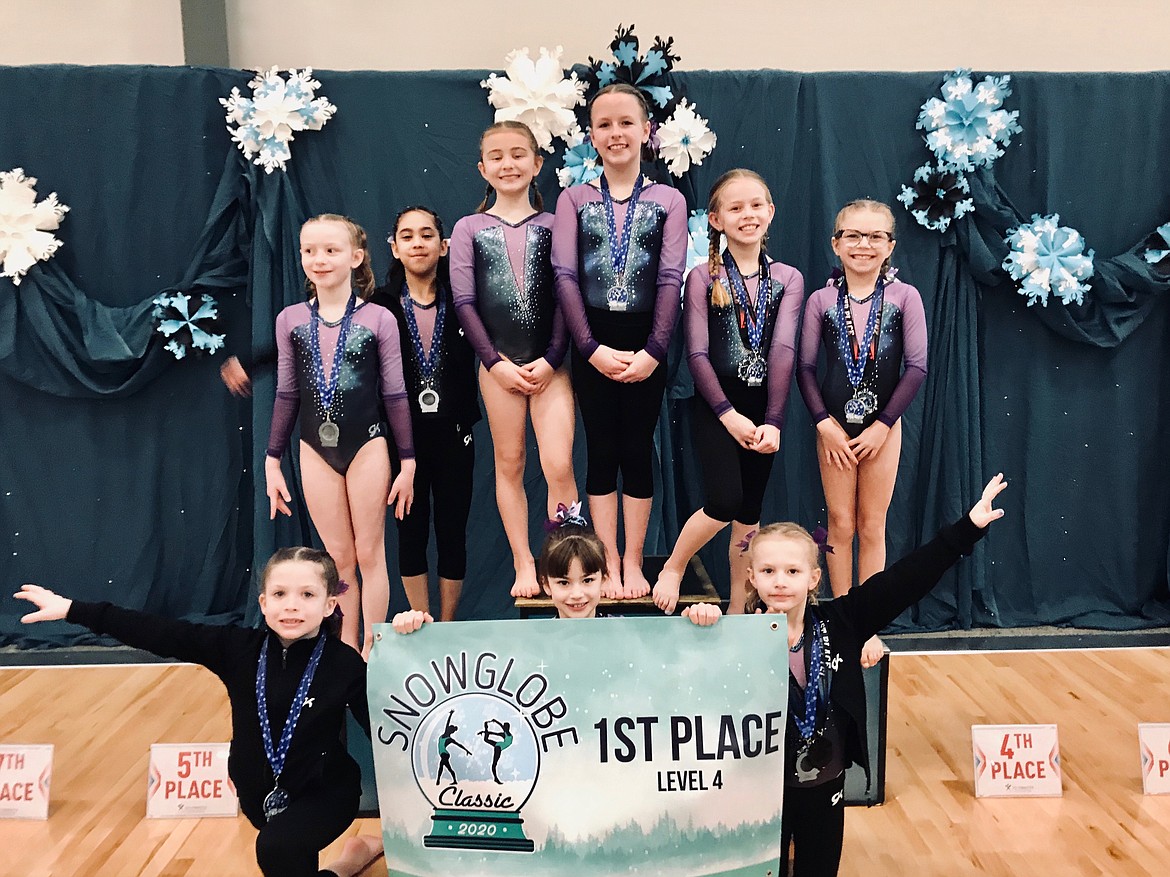 Courtesy photo 
 Avant Coeur Gymnastics Level 4s took 1st Place Team at the Snow Globe Classic in Post Falls on March 1. In the front row from left are Callista Petticolas, Georgia Carr and Piper St. John; and back row from left, Abby Rogers, Aranie Barragan, Sophia Elwell, Emily Vaughan, Avery Hammons and Karstin Harmon.